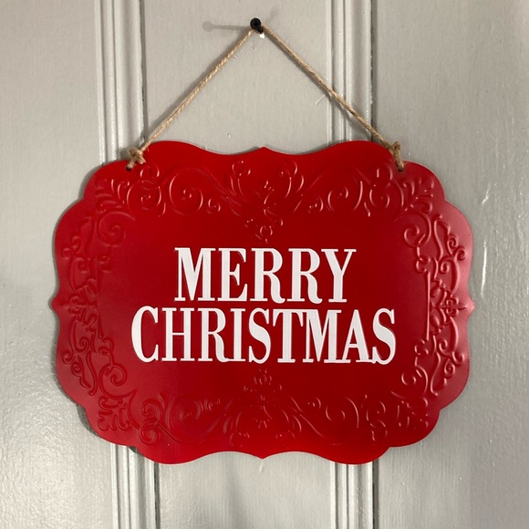 NWT Beautiful Holiday Red & White Merry Christmas Embossed Metal Decoration Sign - Picture 5 of 12